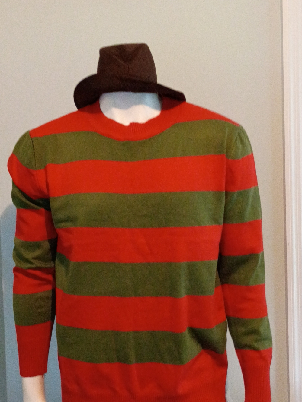 Men's Striped Crewneck Sweater in Red and Olive